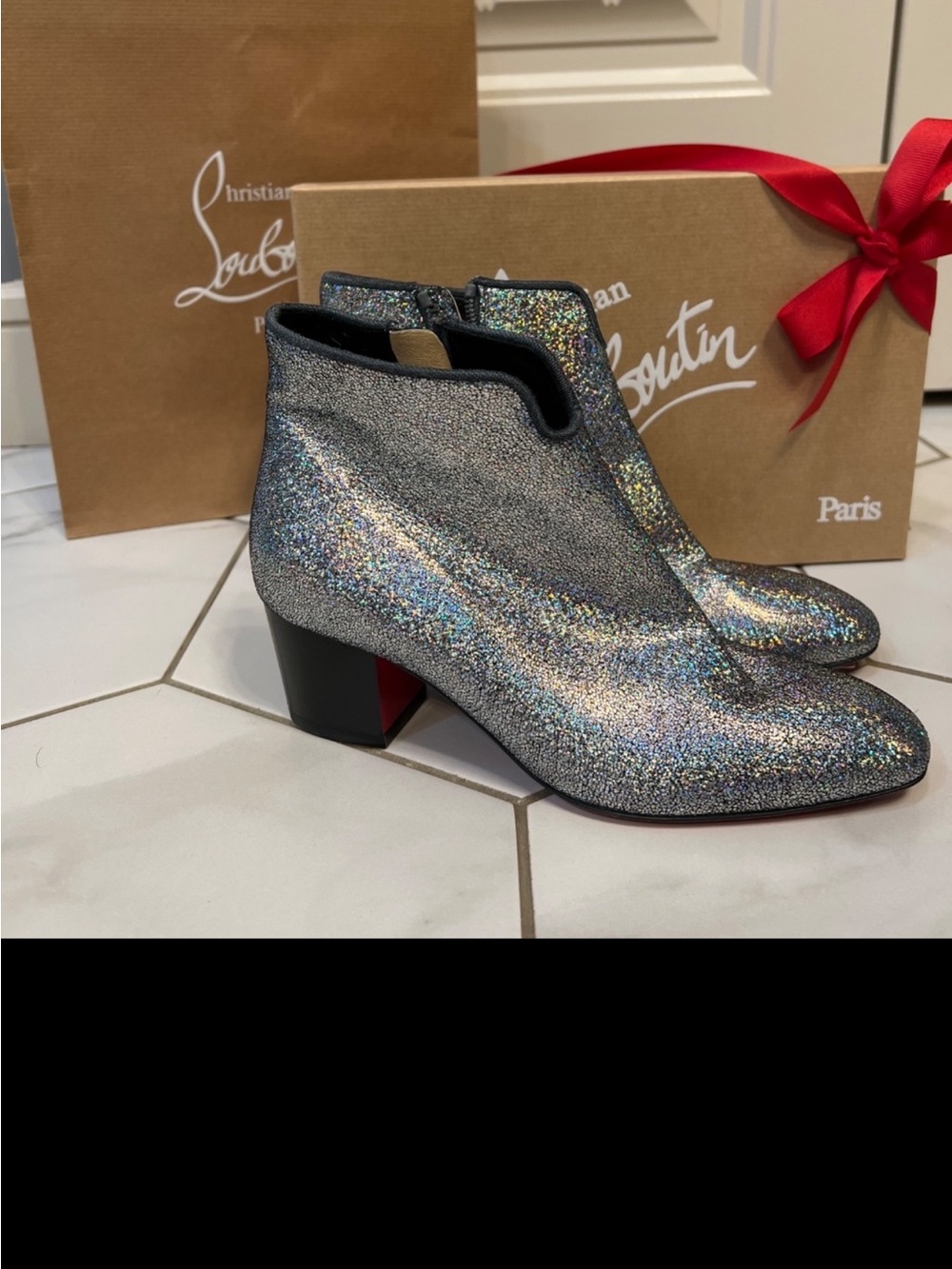 Christian Louboutin Holographic Silver Glitter Ankle Boots